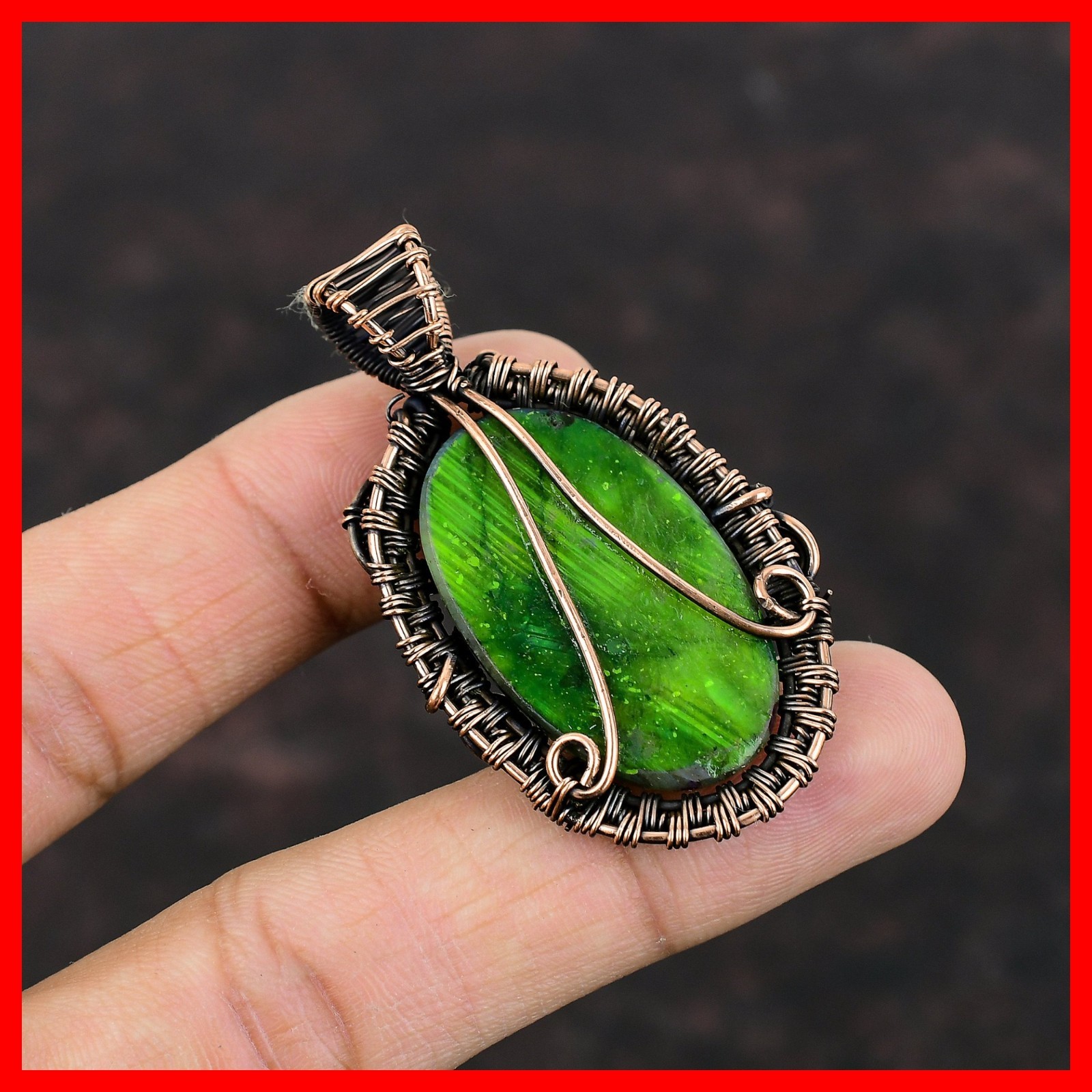 Oval Mystic Fire Labradorite Stone Copper Boho New Wire Wrapped Ethnic Pendant
