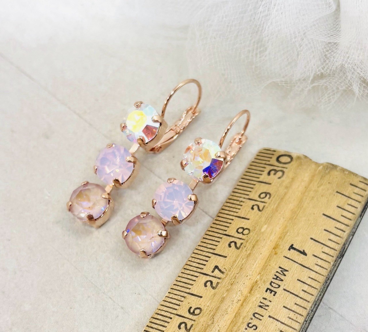 8mm Rose Gold Dusty Rose Pink and Crystal AB Triple Stone Cup Chain Earring Pair