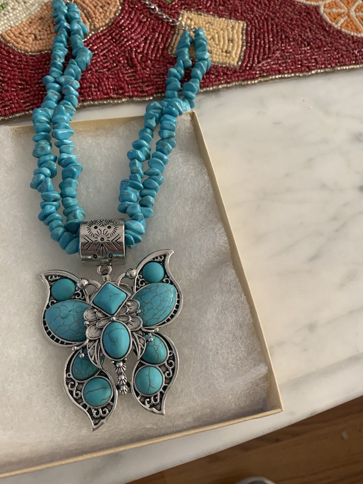 Turquoise Necklace Pendant With Butterfly 15 Inches Without Extender, 20 Inches