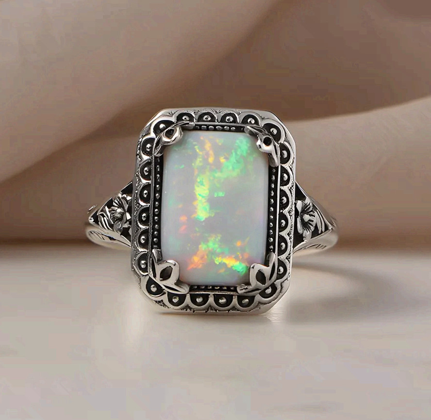 Opal Statement Ring Stainless Steel Rectangle White Green Fire Vintage Style