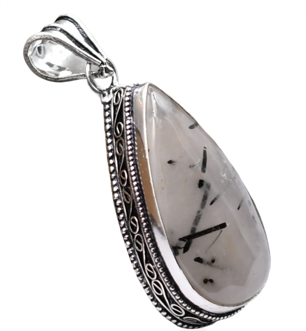 Black Rutile Natural Gemstone Ethnic Silver Plated Pendant 2″ J 100