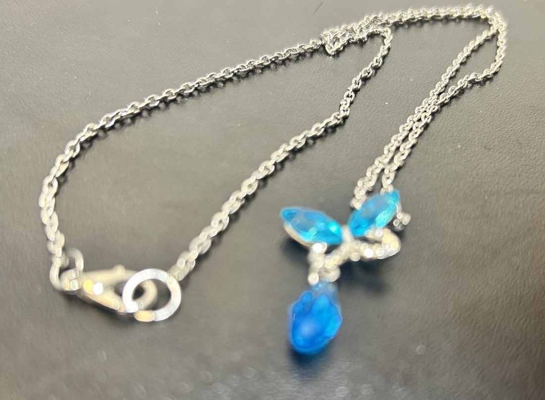 Aqua Butterfly With Dangle Gem Dainty Pendant, Silvertone Chain 20”