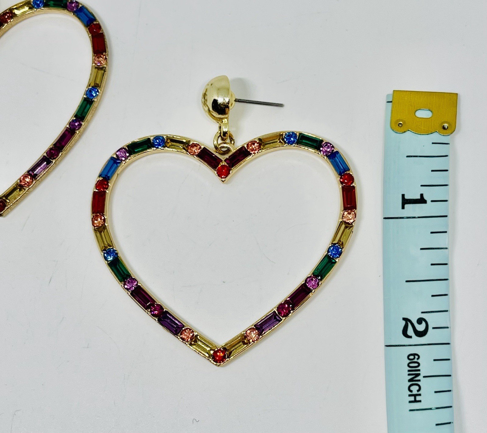 Aldo Gold Crystal Multicolor Rainbow Baguette Open Heart Dangle Drop Earrings