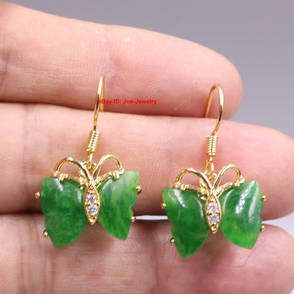 New Arrival Gold Plated Alloy Heated Green Jade Butterfly Dangle Earring