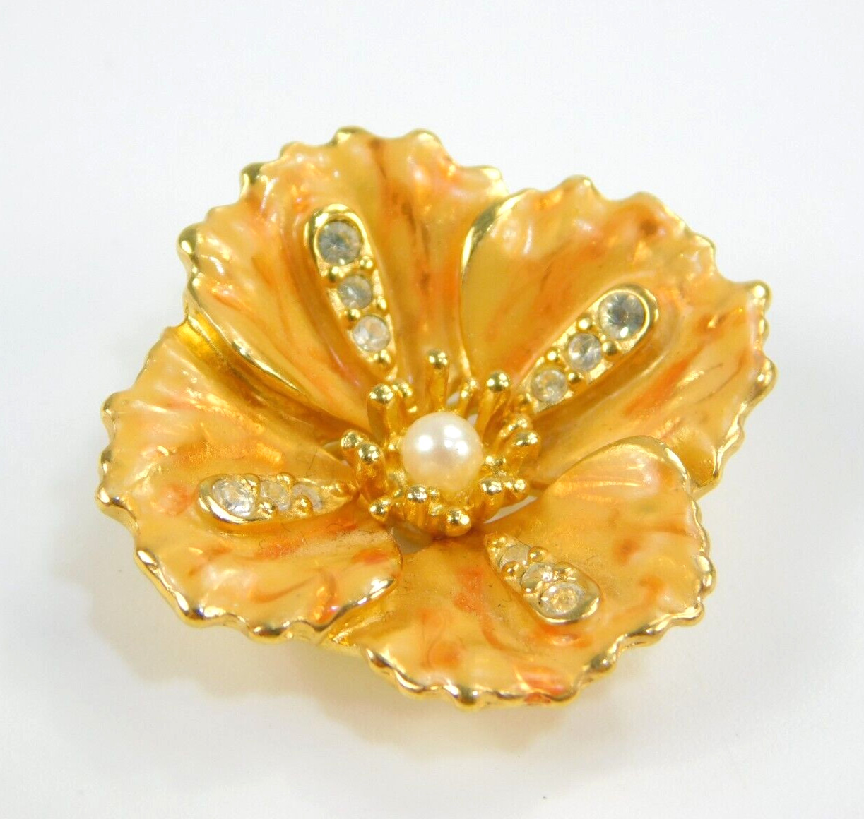 Joan Rivers Peach Enamel Rhinestone Flower Brooch Pin Pendant 1 1/8″