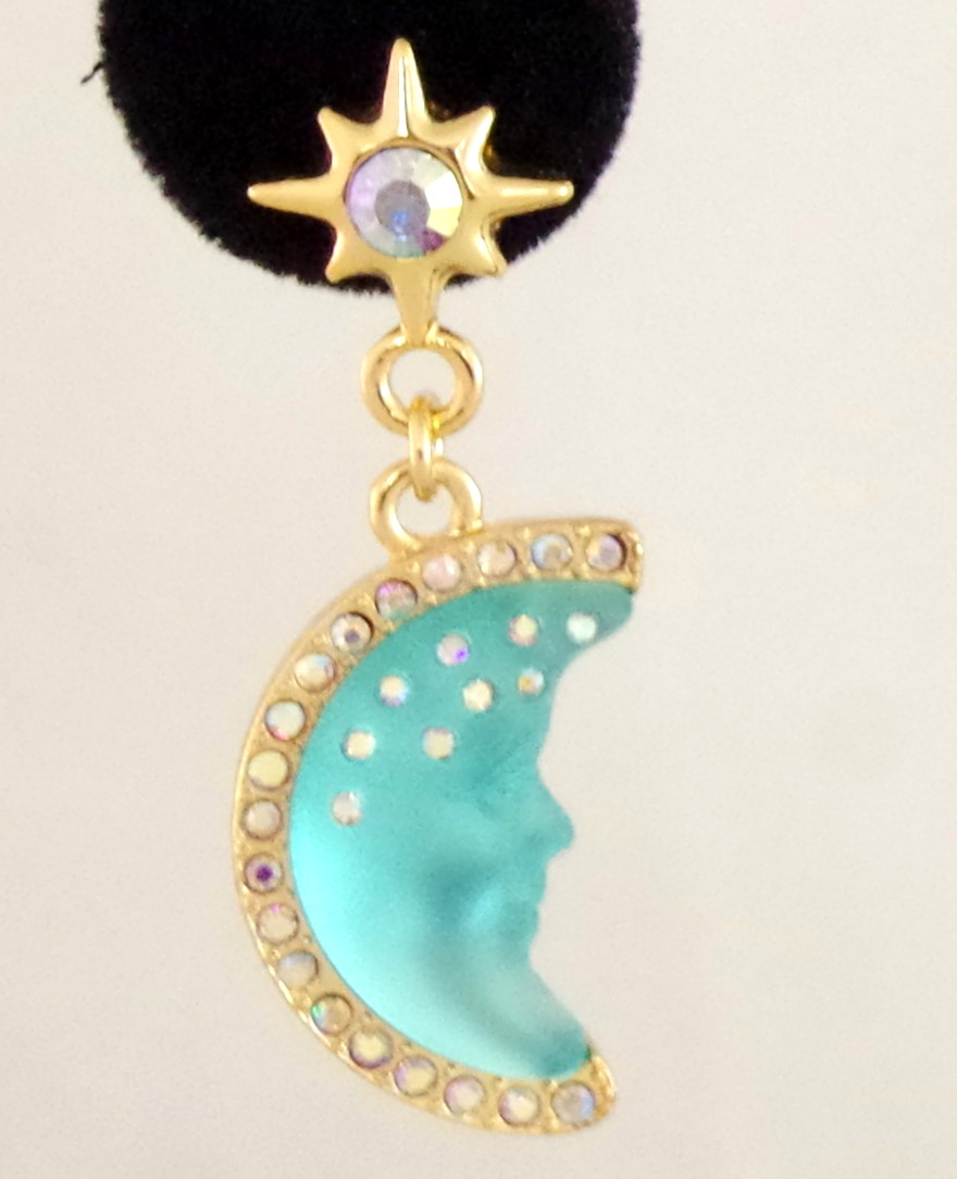 2″ KIRKS FOLLY BLUE SEAVIEW MOON FACE AB CRYSTAL RHINESTONE DROP DANGLE EARRINGS