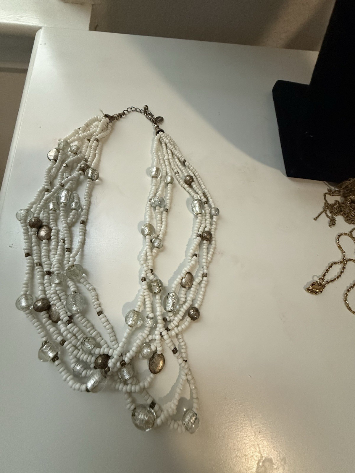 White & Silver Multi-Strand Glass Beaded Statement Necklace, Lobster, Adj.