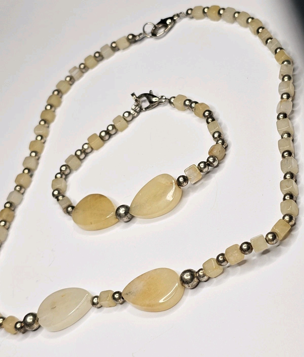 Yellow Adventurine Stone Necklace & Bracelet Set 16″/7″ Teardrops & Squares 30 g