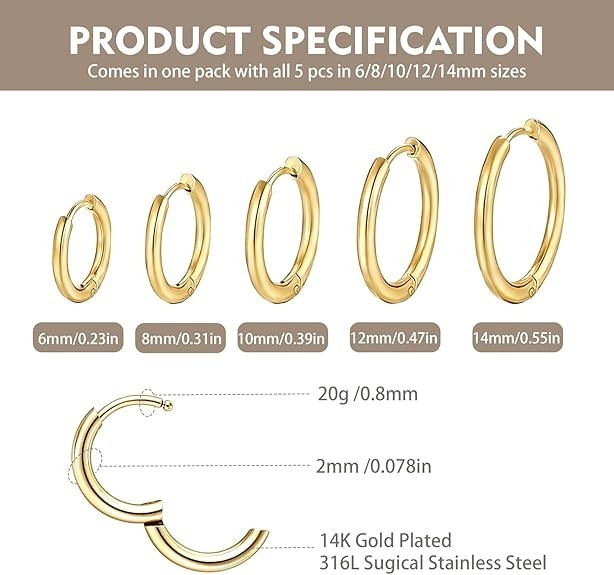 5 Pairs Small Gold Silver Huggie Hoop Earrings Set for Women, 316L Surgical 14K