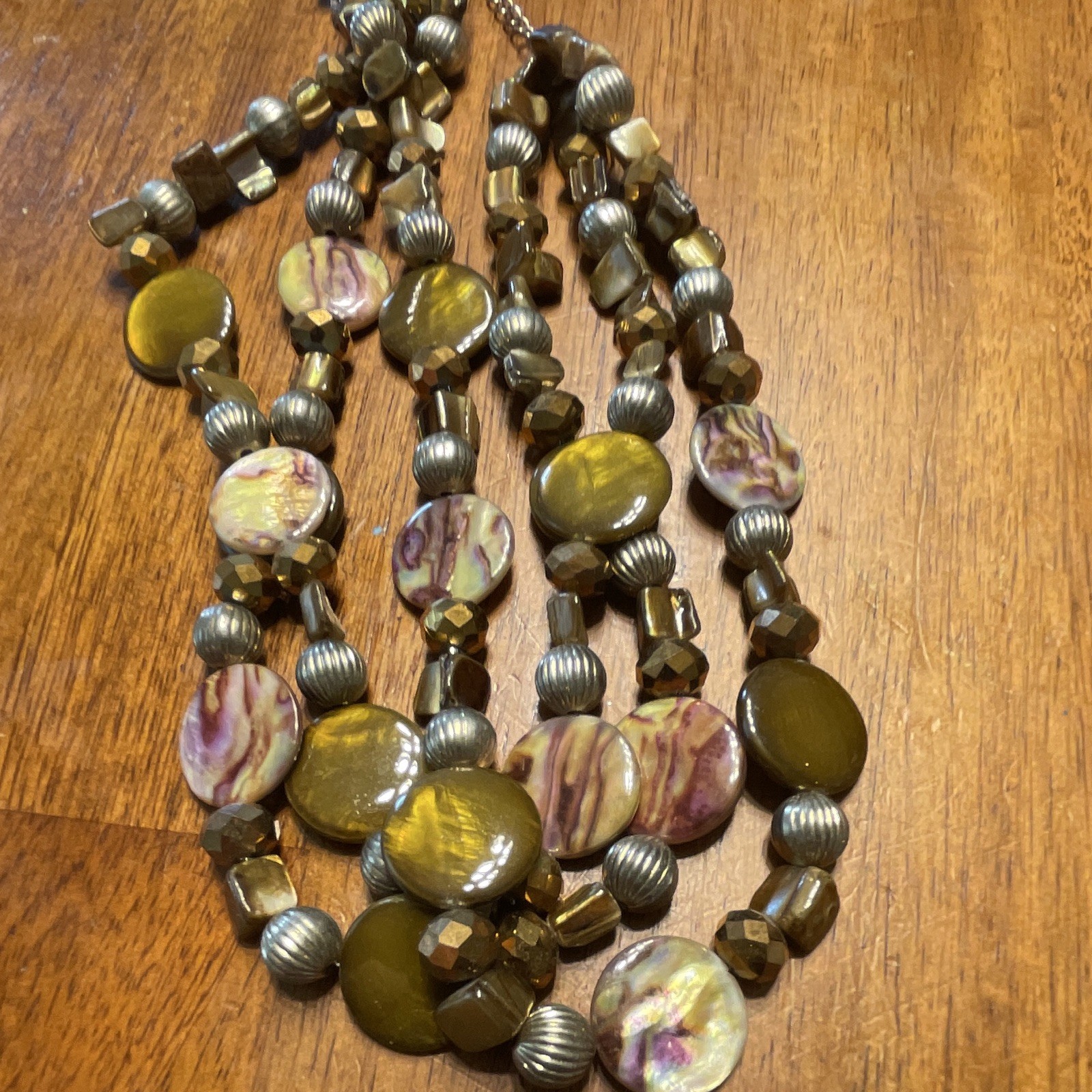 Lot of 3 Olive/Army Green and Yellow Beaded Statement Necklaces w/ Round Charms