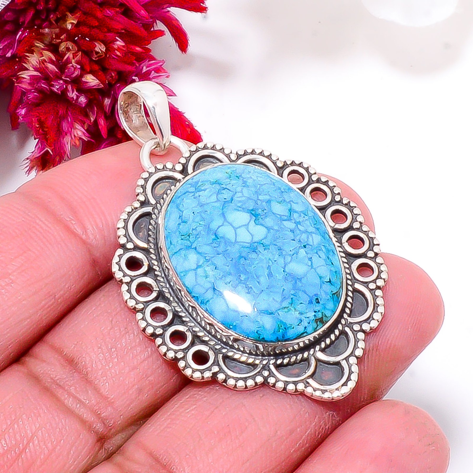 Magnesite Turquoise Gemstone 925 Sterling Silver Bali Pendant 1.95″ Sku14