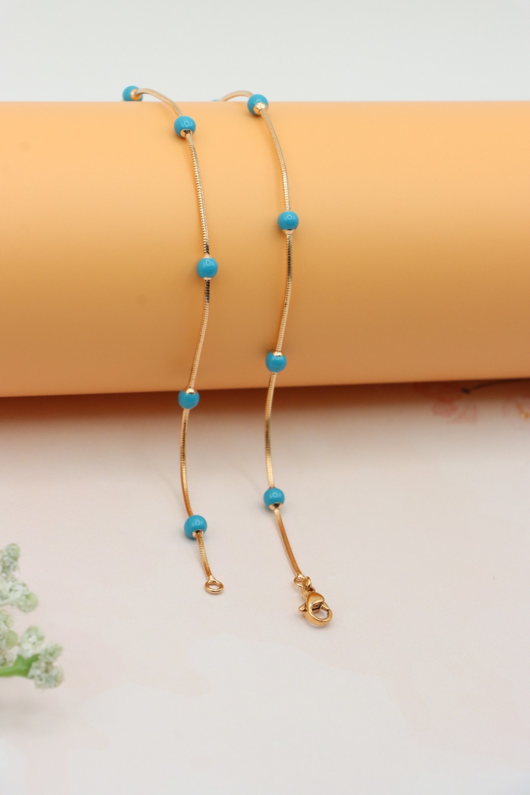 Rose Gold Chain Necklace with Blue Beads Elegant Style, XPNL0256