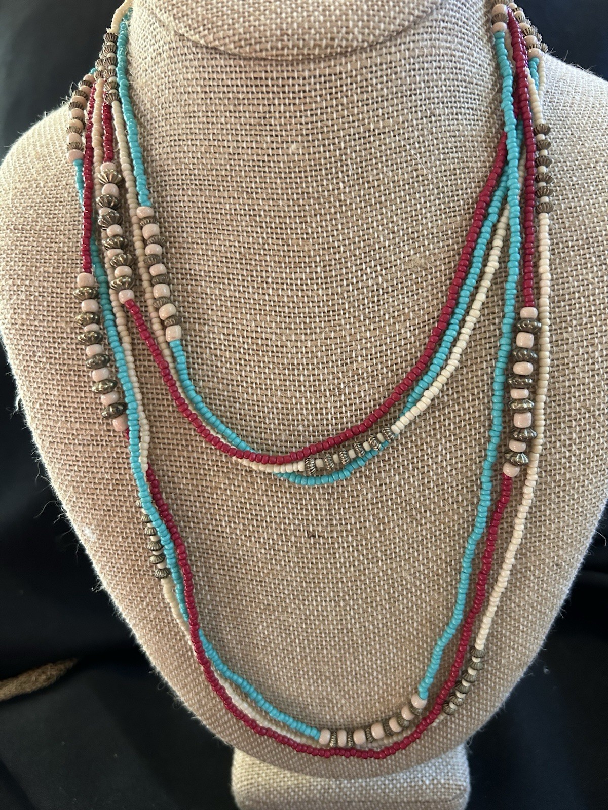 Boho Multistrand Seed Bead Necklace Set Southwestern Red Turquoise Cream Layered