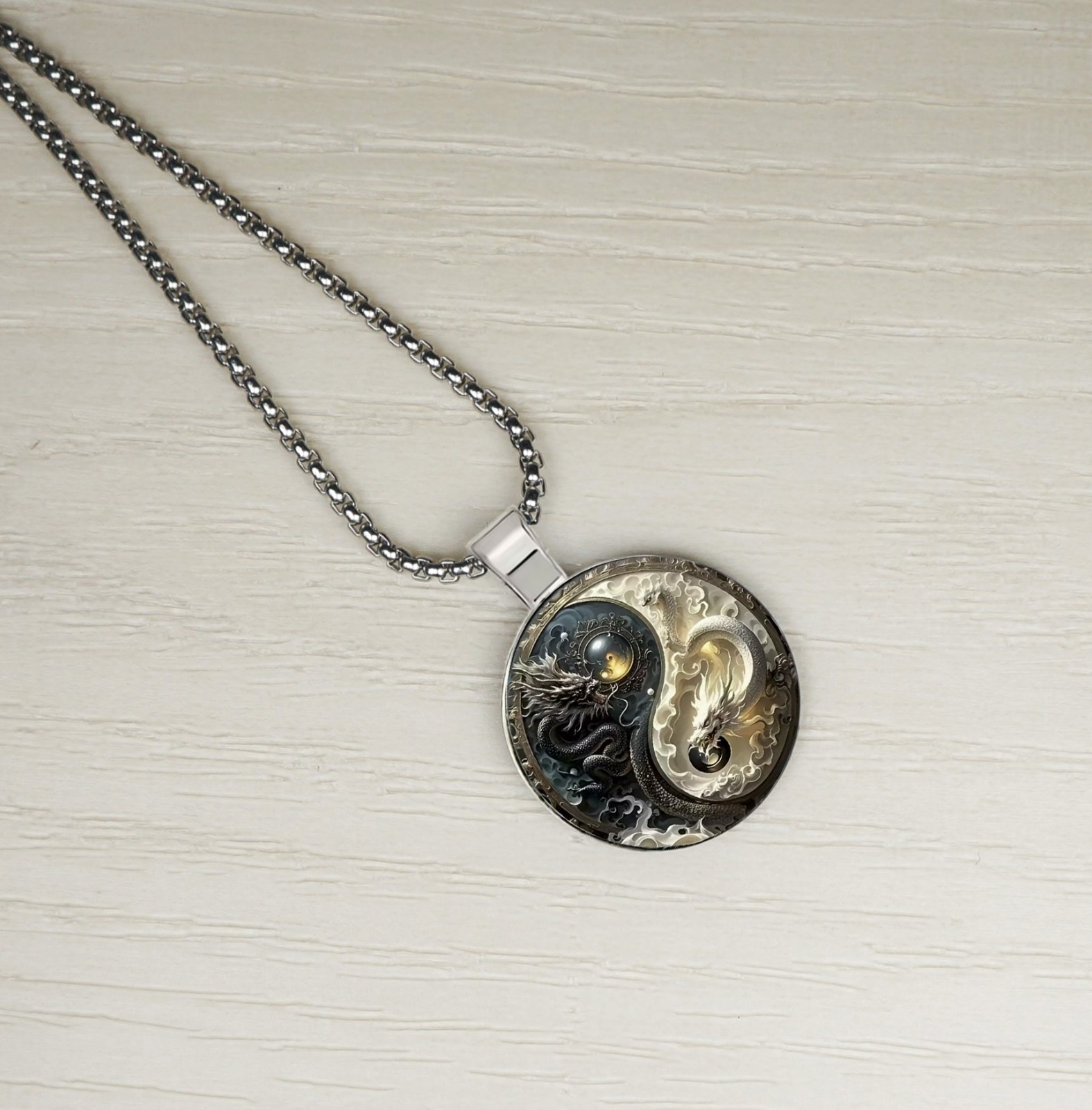 Intricate High Detail 2-D Yin Yang Dragon Pendant, Stainless Steel Chain
