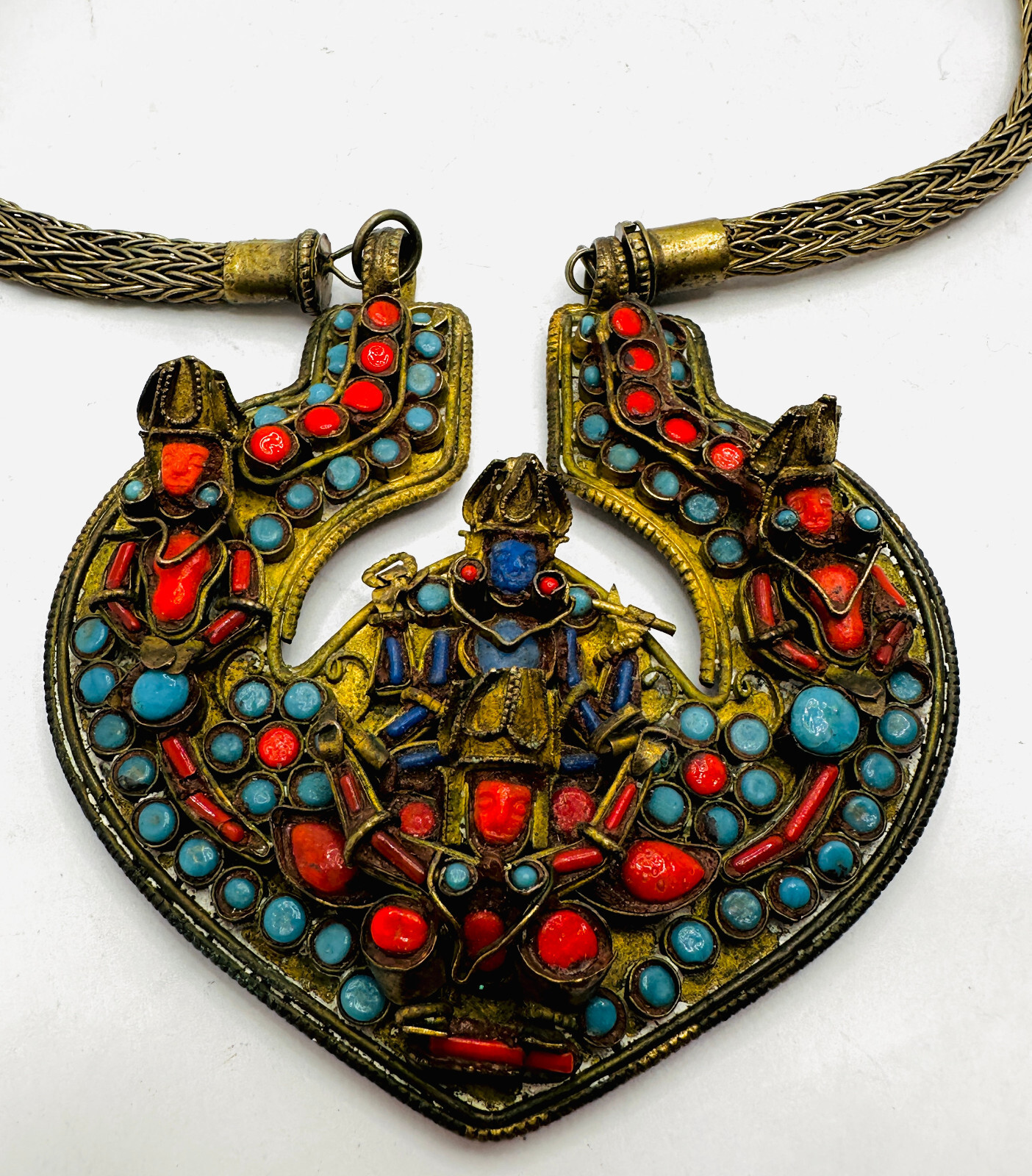 Antique Nepal Tibetan Brass Vishnu Prayer Necklace Coral Turquoise Glass EUC 24″