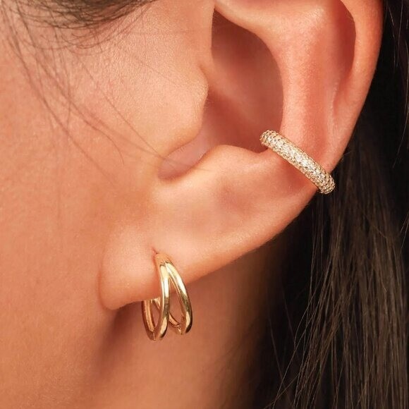 Gold Huggie Earrings Double Hoop Small Thick 18K Gold Huggies For Everyday Wear