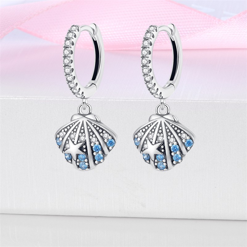 PANDACH 925 Sterling Silver CZ Accents Ocean Shell Drop Hoop Earrings For Women