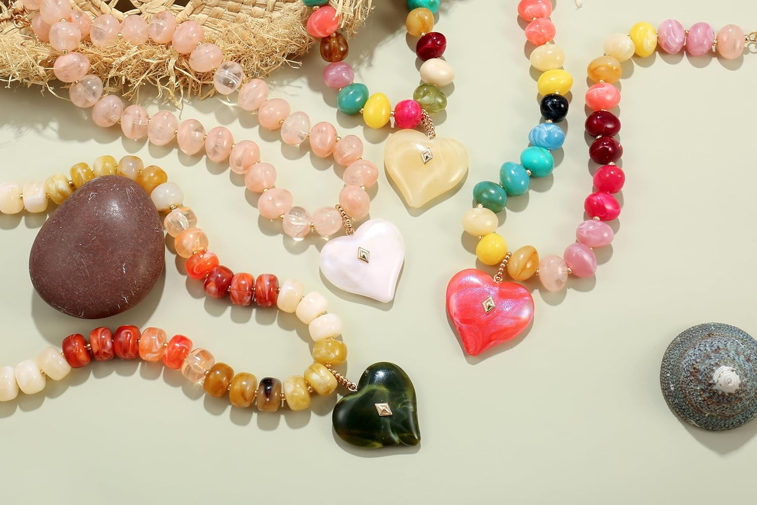 Chunky Heart Necklace for Women, Colorful Acrylic Beaded Statement Puff Heart Ne