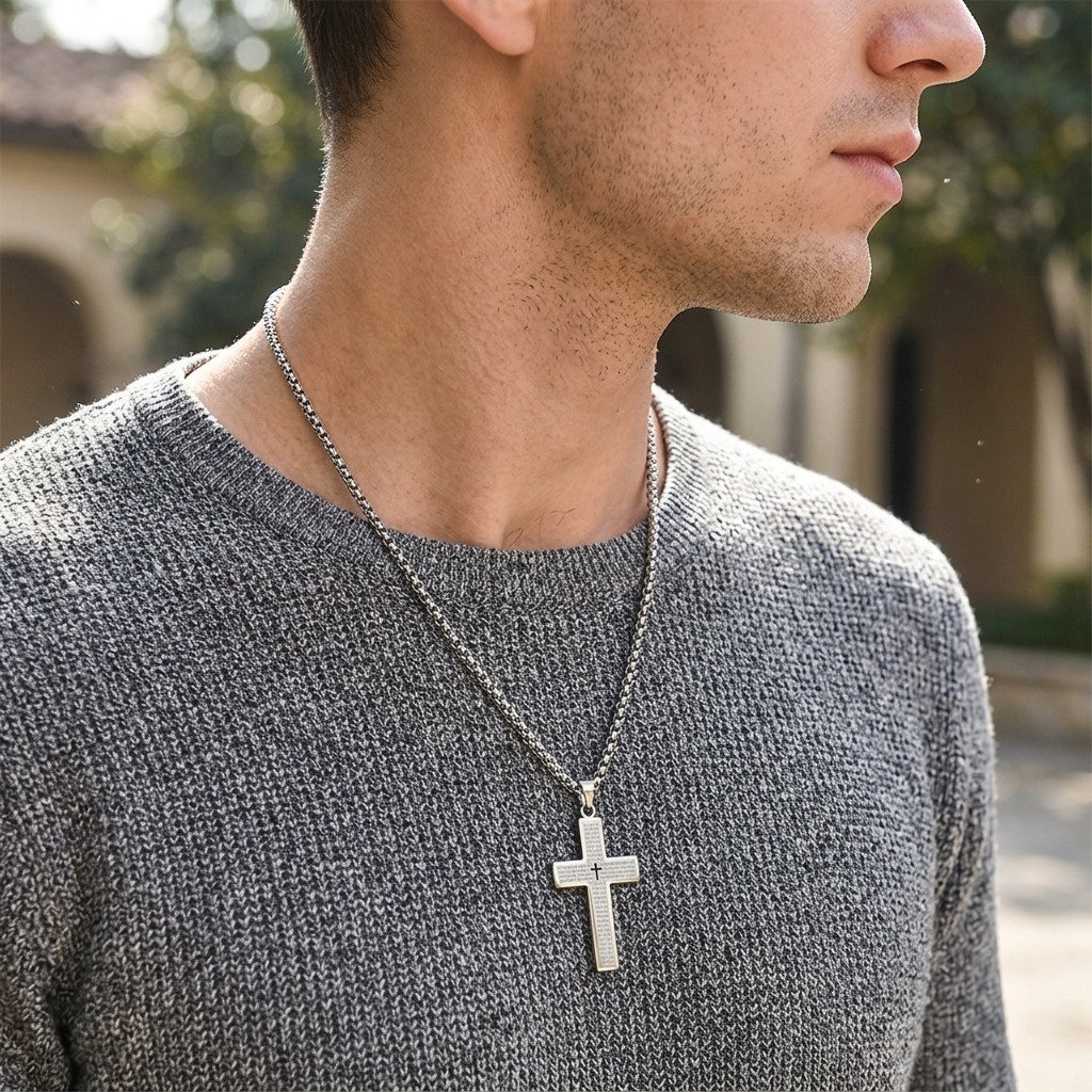 Stainless Steel Cross Pendant Necklace with Engraved Lord’s Prayer Men’s Jewelry