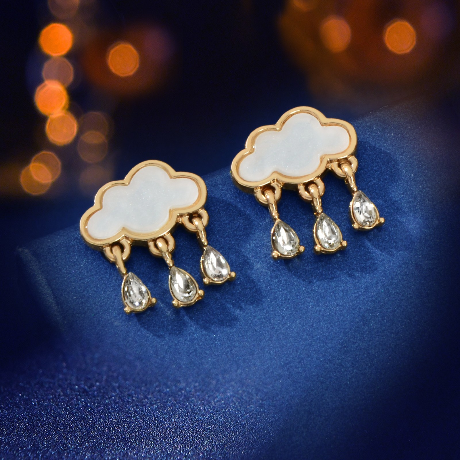 Cute Romantic Gold Border White Cloud Stud Rhinestone Raindrop Dangle Earrings