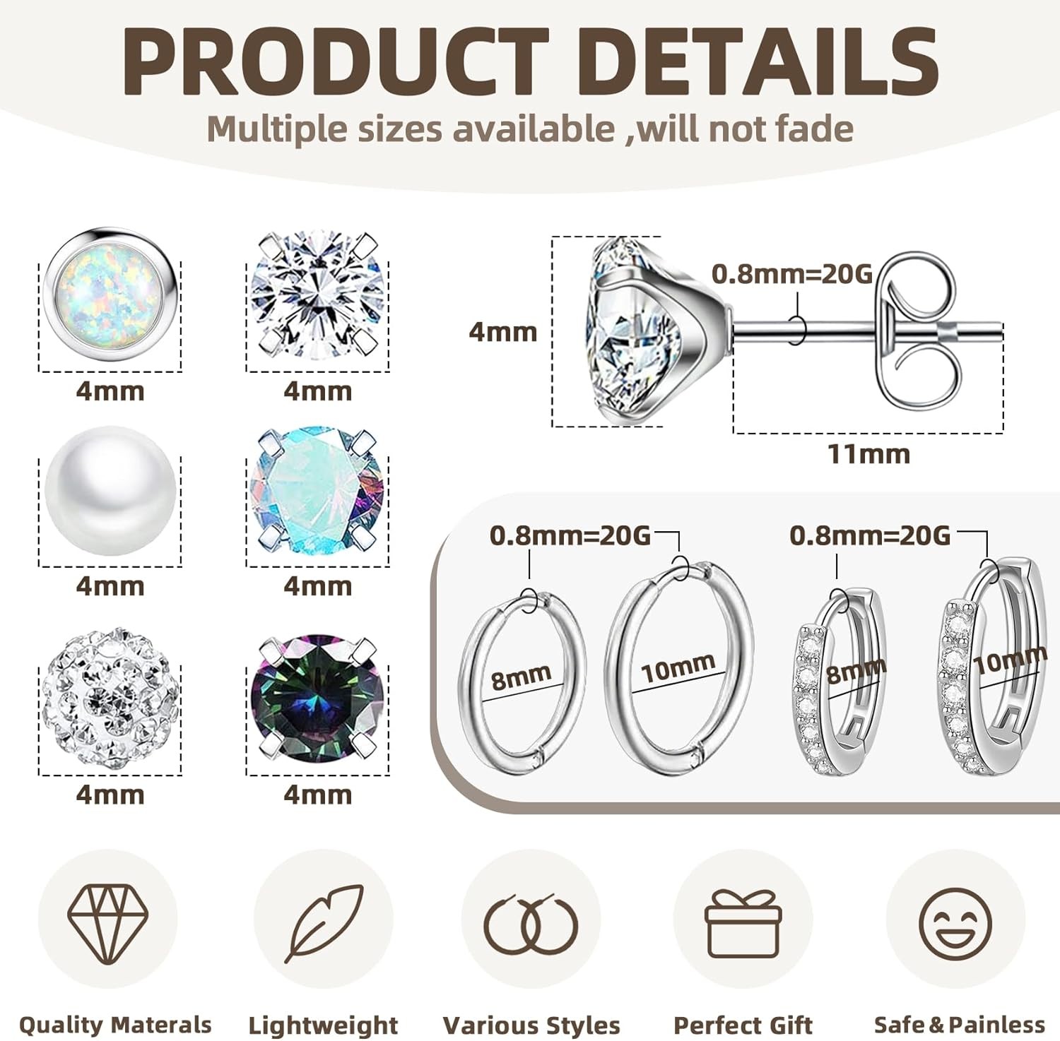 10 Pairs Stainless Steel CZ Stud Earrings 20G Cartilage 8mm 10mm Hoop Set Unisex