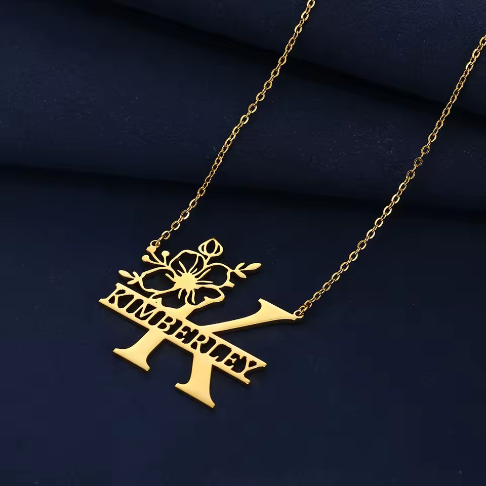 Personalized Name Flower Pendant Necklace Gold Silver Stainless Steel Jewelry