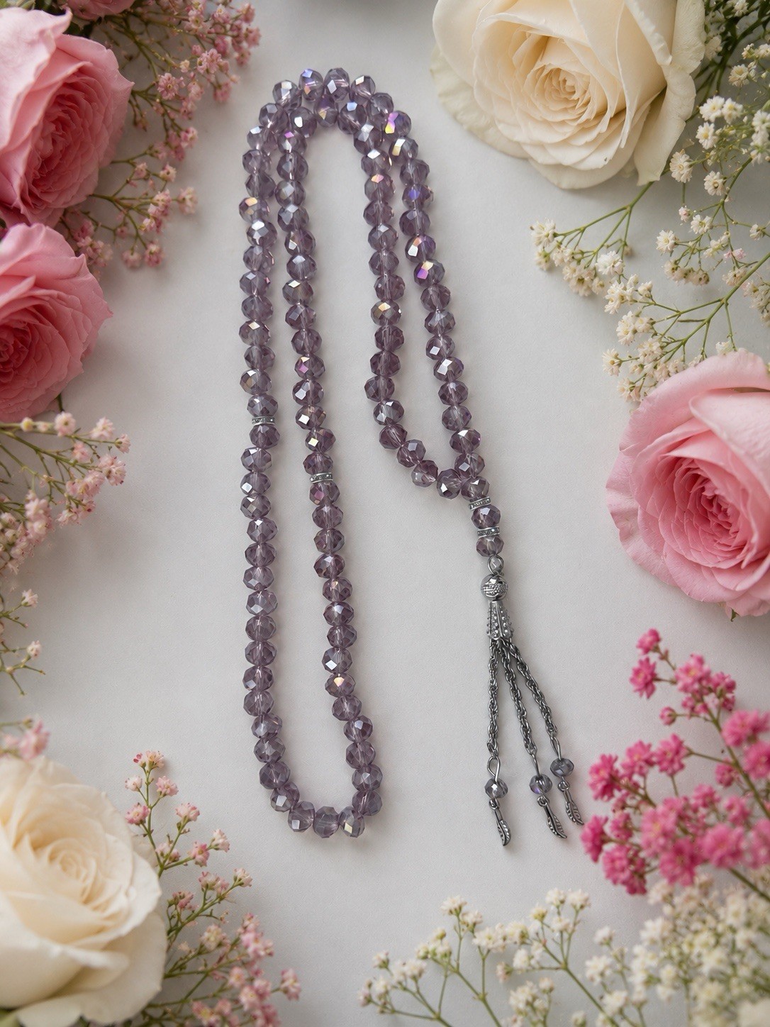 Purple Amethyst & Crystal Beaded Strand Necklace w/ Tassel, Silver Tone