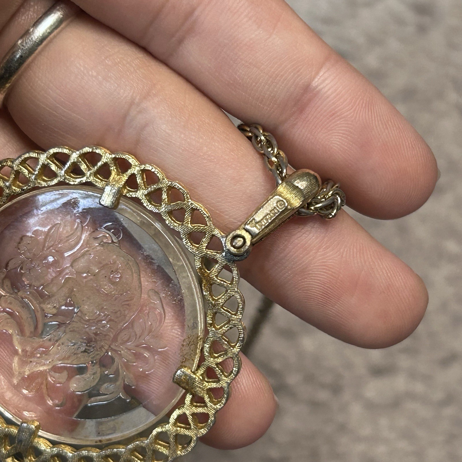 Vintage 1970s Crown Trifari Etched Glass Aries Pendant and Chain