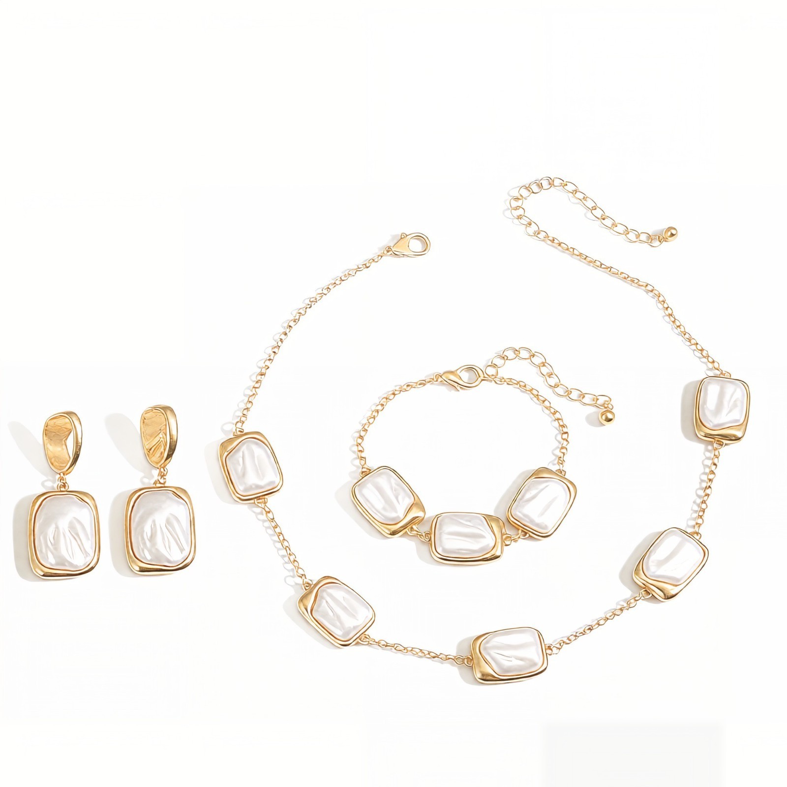 Gold Faux Pearl Jewelry Set Necklace Earrings Bracelet Wedding Bridal Gift