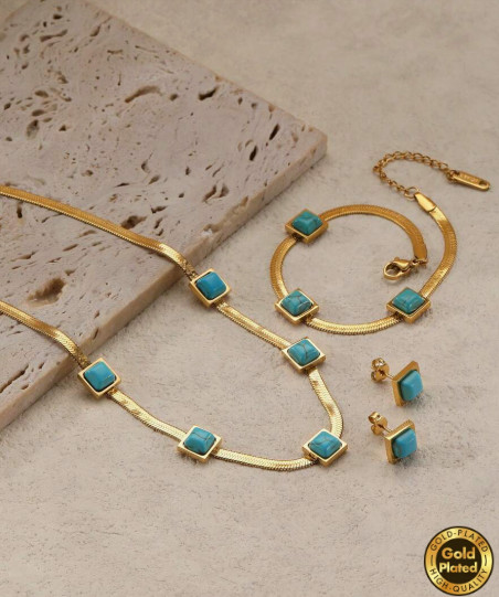 Natural Turquoise Necklace Bracelet Earring Set 18K Gold Plated Stainless Steel