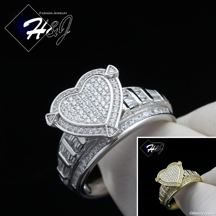 925 STERLING SILVER GOLD PLATED/SILVER ICY BLING CZ 3D HEART ENGAGEMENT RING*R88