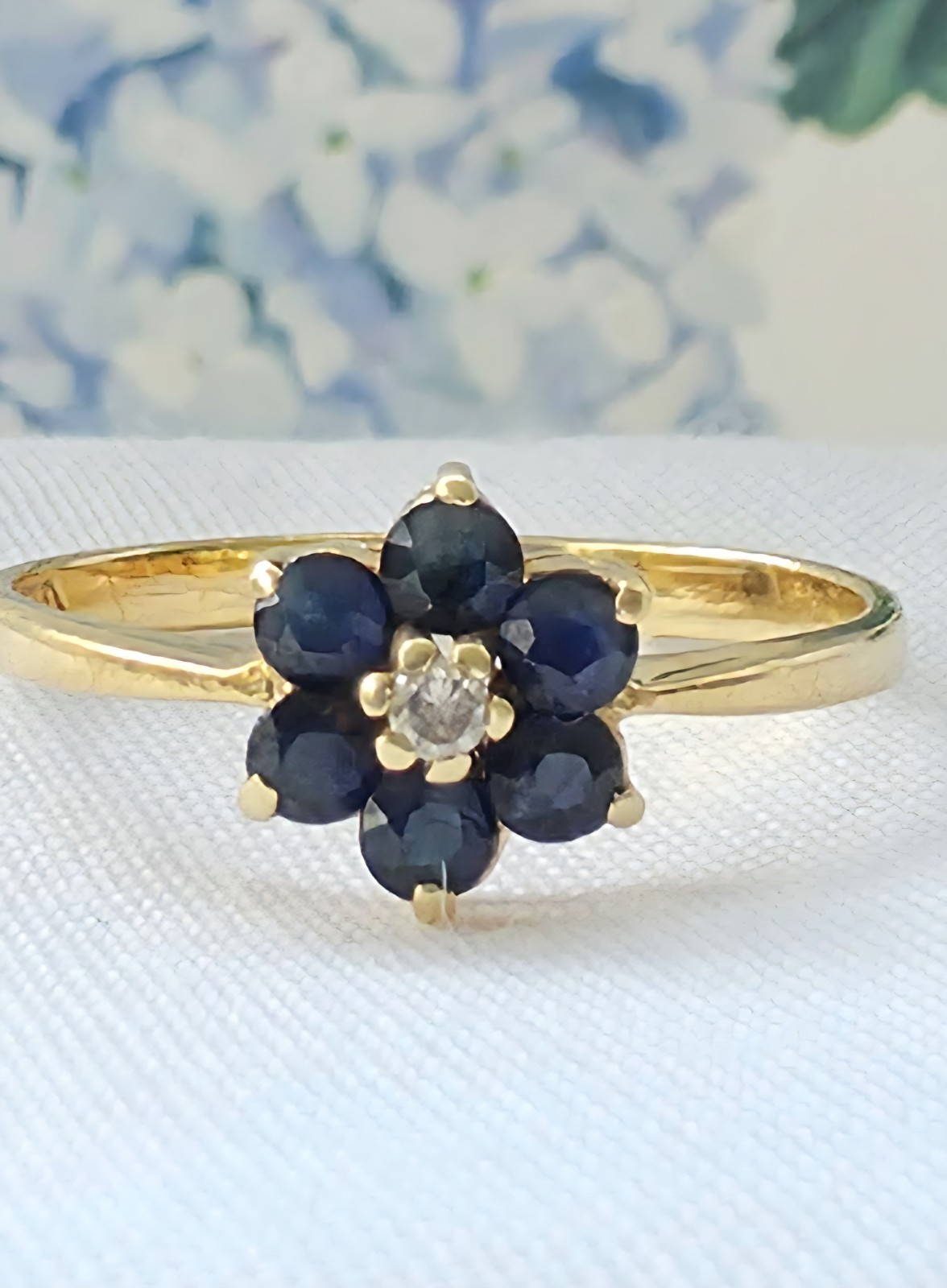 14k Solid Sapphire & Diamond Flower Cluster Ring Sz 6.5 Vtg Ring Everyday Wear