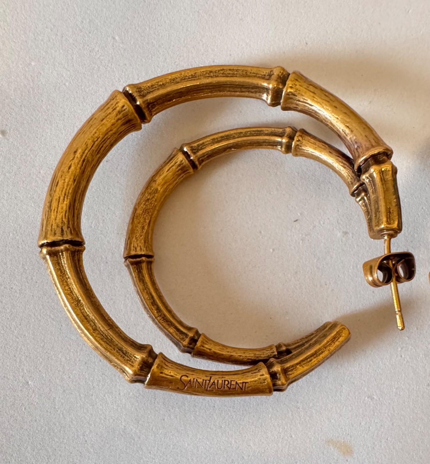 Saint Laurent YSL Bamboo Hoop Earrings Gold Tone Hoops # 564