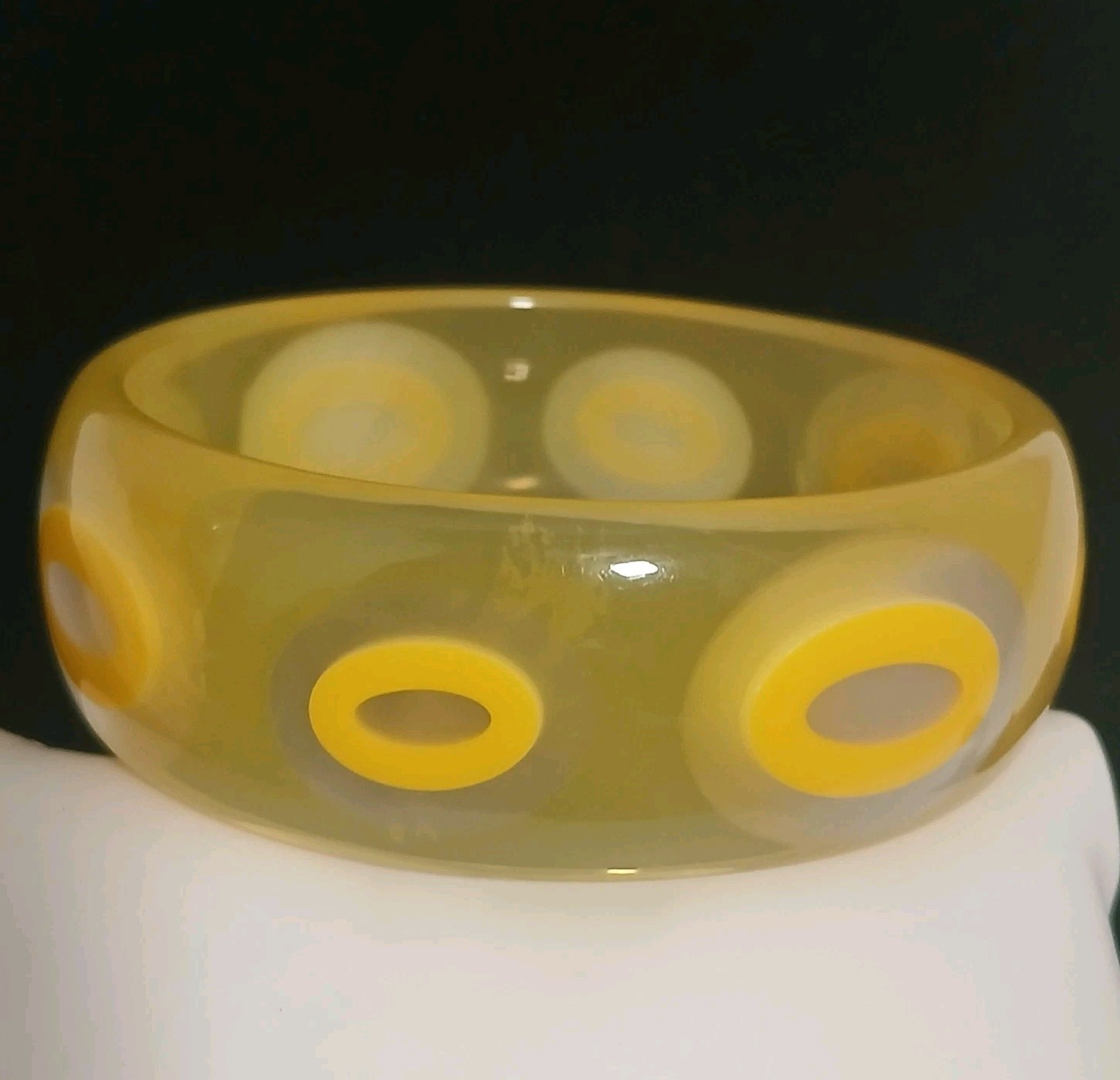 Yellow and White Bangle Bracelet Plastic Resin Wide Retro Chunky 8″