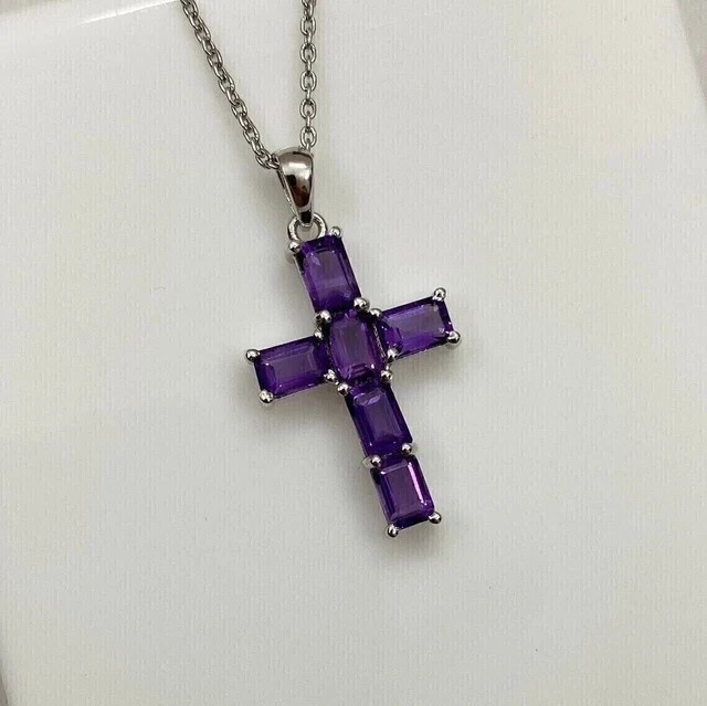 1.50Ct Emerald Cut Simulated Amethyst Holy Cross Pendant 14K White Gold Plated