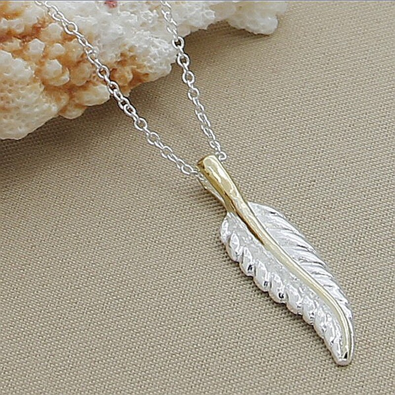Stylish Fashion 925 Sterling Silver Leaves Feather Pendant Necklace Chain