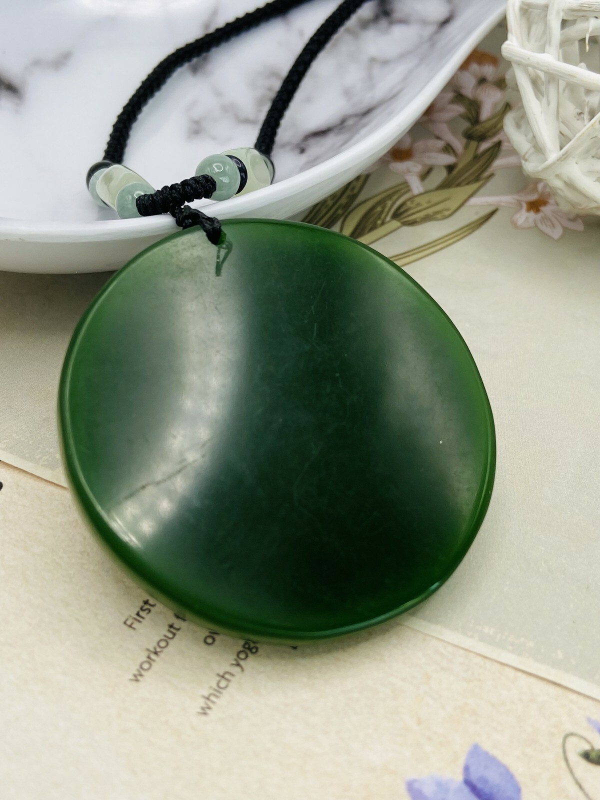 2.0″ Jade Jewelry TaiJi Yin Yang Charm Pendant with Woven Jade Beads Necklace