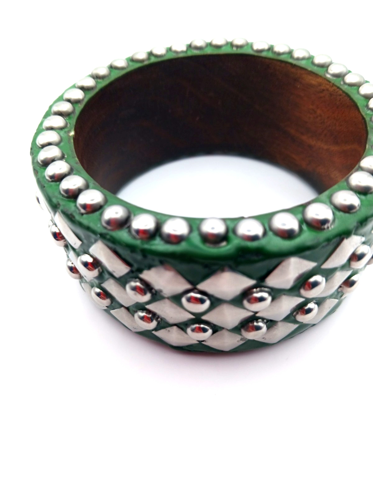 Gothic Wood Bangle 5 Row Metal Studded Green Heavy Bracelet
