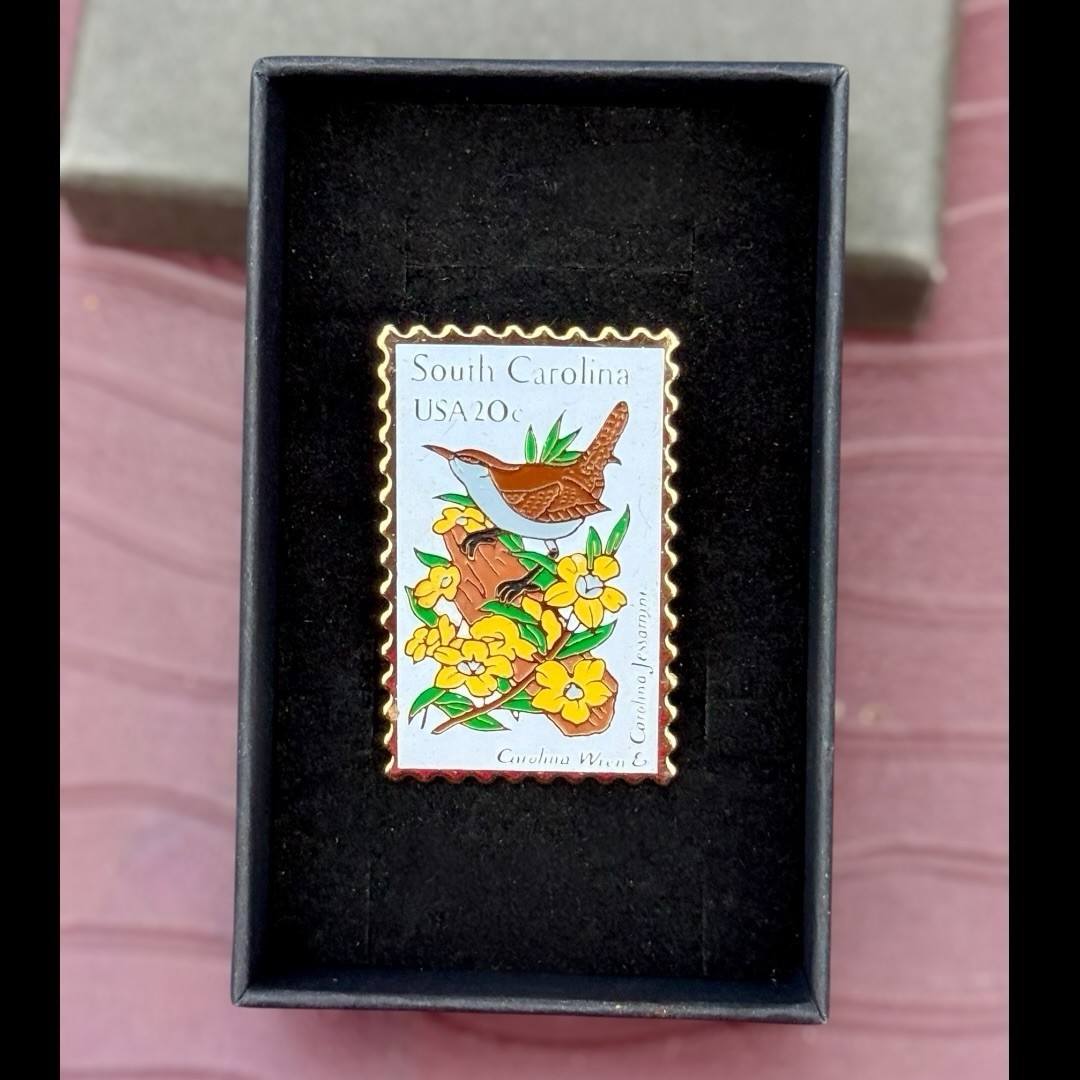 Vintage USPS South Carolina Stamp Pin Carolina Wren Jasmine Enamel 20c Lapel Pin