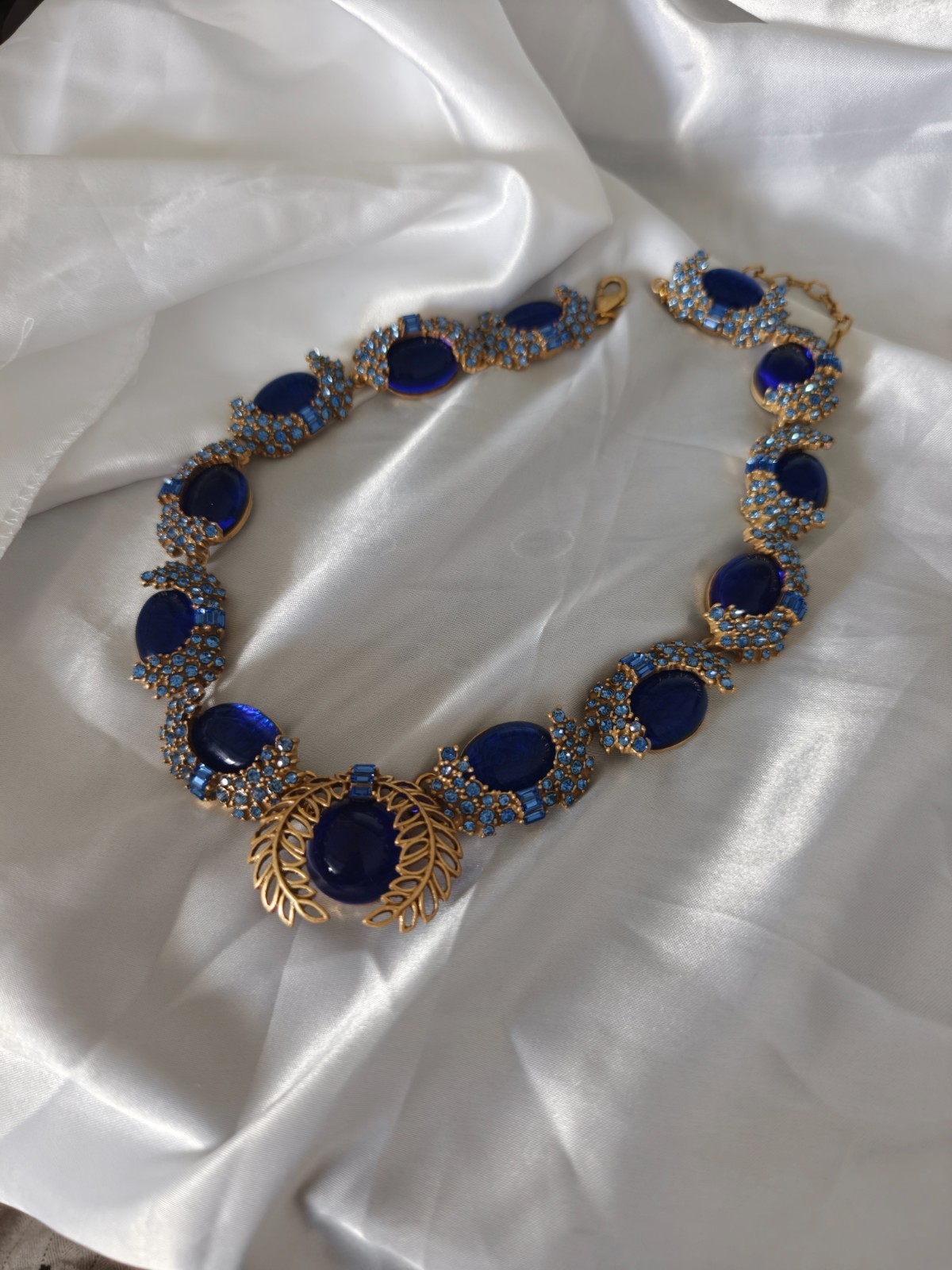 Vintage Style Blue Cabochon Statement Necklace, Gold Tone with Rhinestone Accent