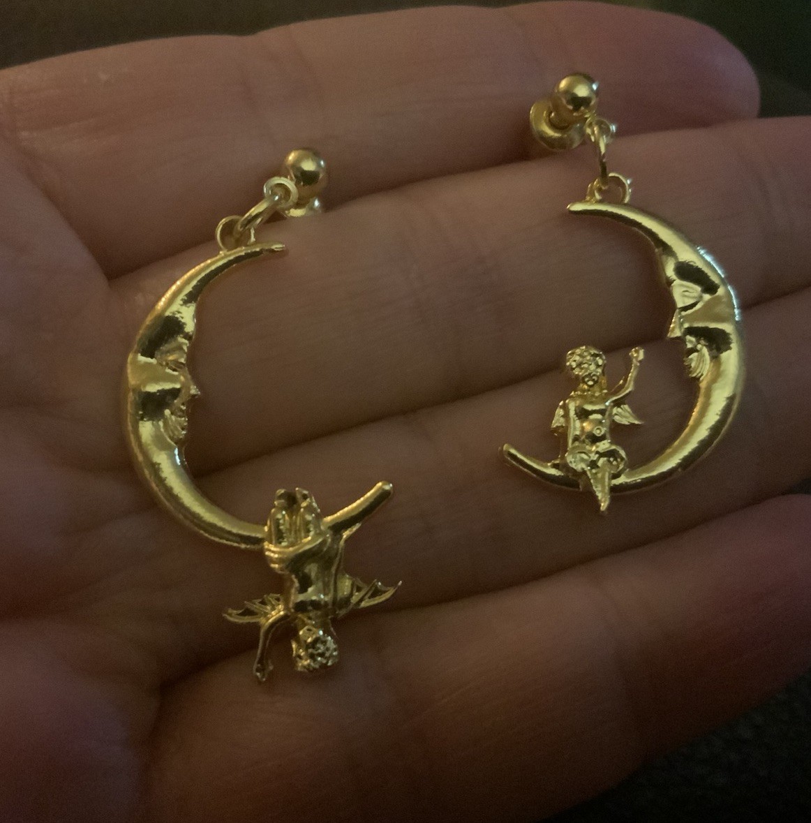 Hoop Moon Cherub Earrings Mismatch Anthro Style Angel Gold Face Boho Celestial