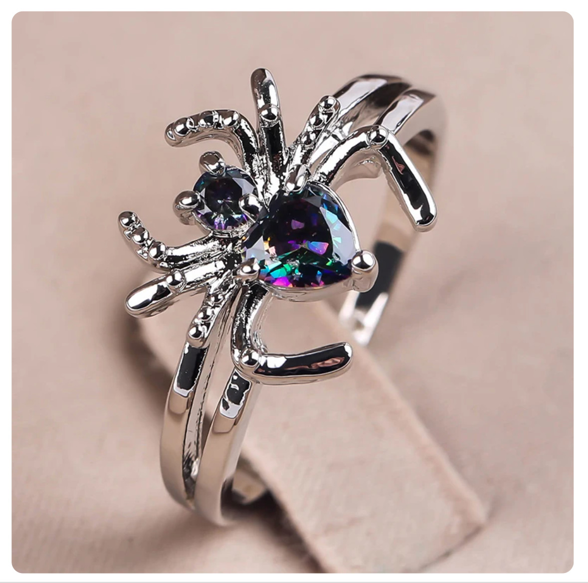 Rainbow Bling Spider in Cubic Zirconia Solitaire Silver Ring