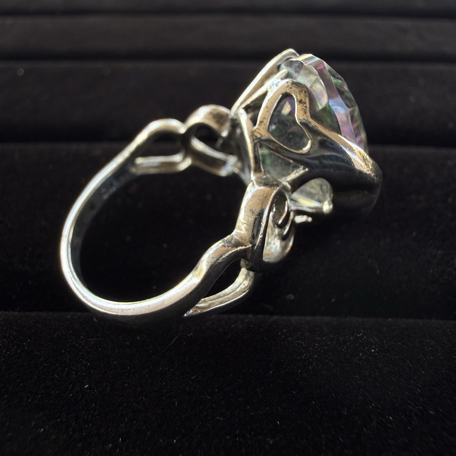 LUCCN Sterling Silver Floral Shank Large Oval Brilliant Mystic Topaz Ring Size 7