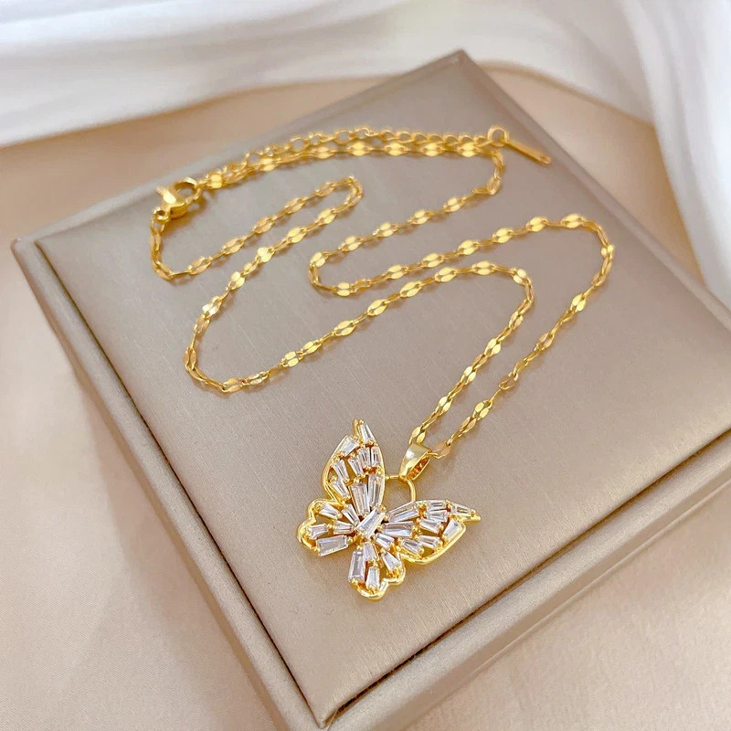 18K Gold Plated Butterfly Zircon Necklace Titanium Steel Anti Tarnish Pendant