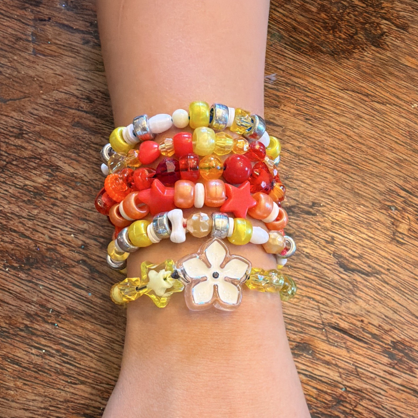 Set Of 6 Multicolor Beaded Stretch Charm Bracelets Flowers Stars Stackable