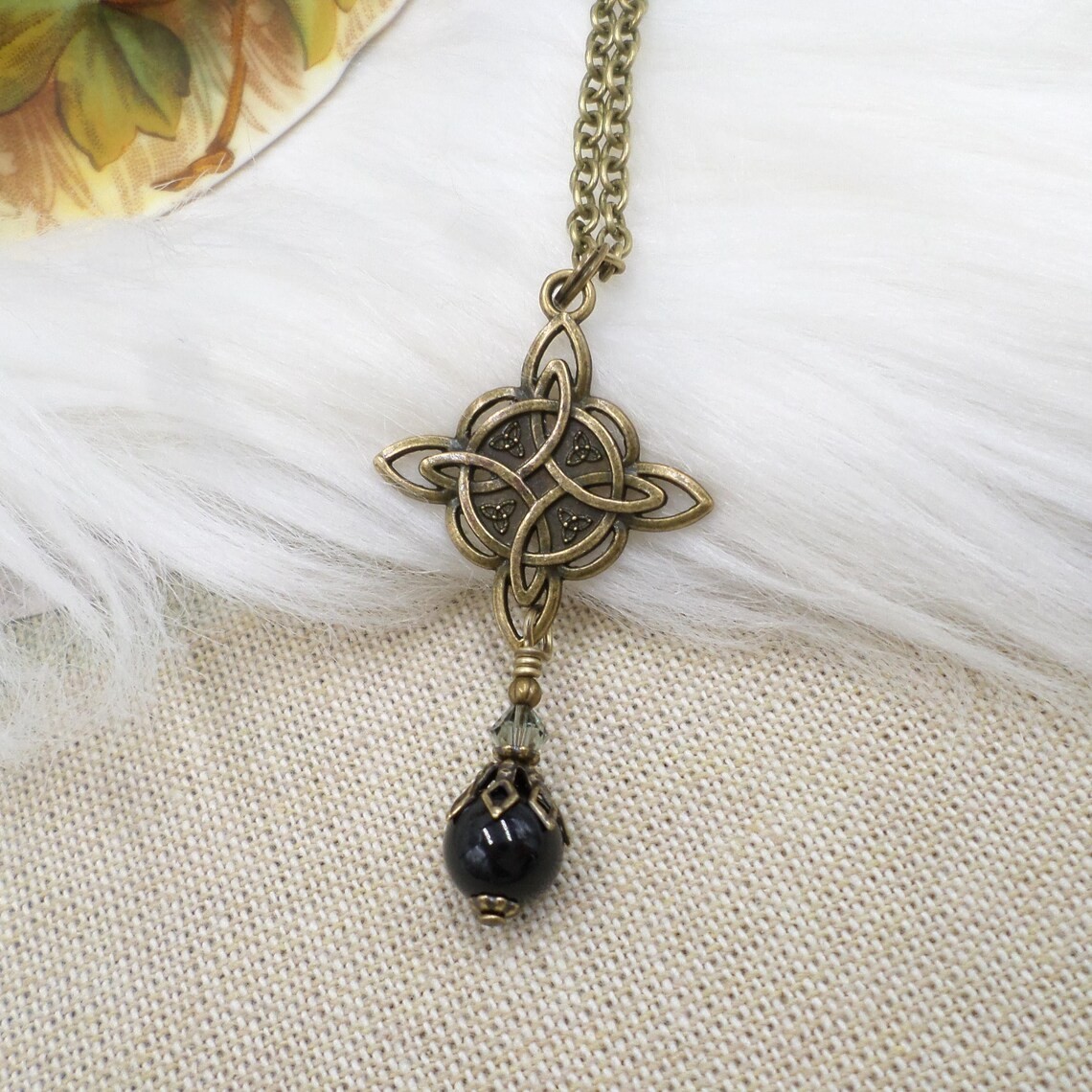 Celtic Knot Necklace, Black Bead Antique Brass Witch Knot Handmade Jewelry
