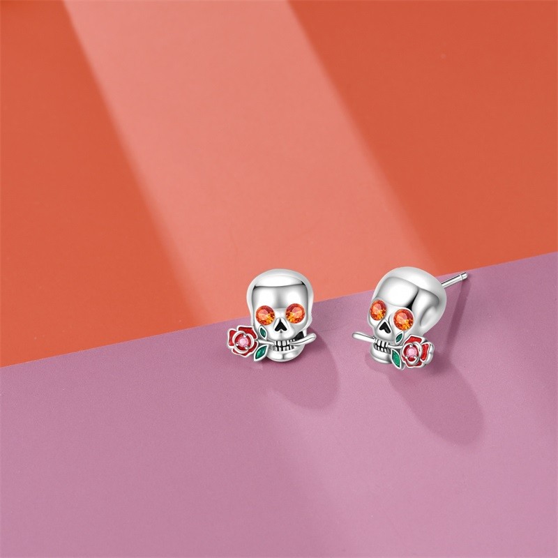 PANDACH 925 Sterling Silver Skull Rose Stud Earrings For Women Men Jewelry Gifts
