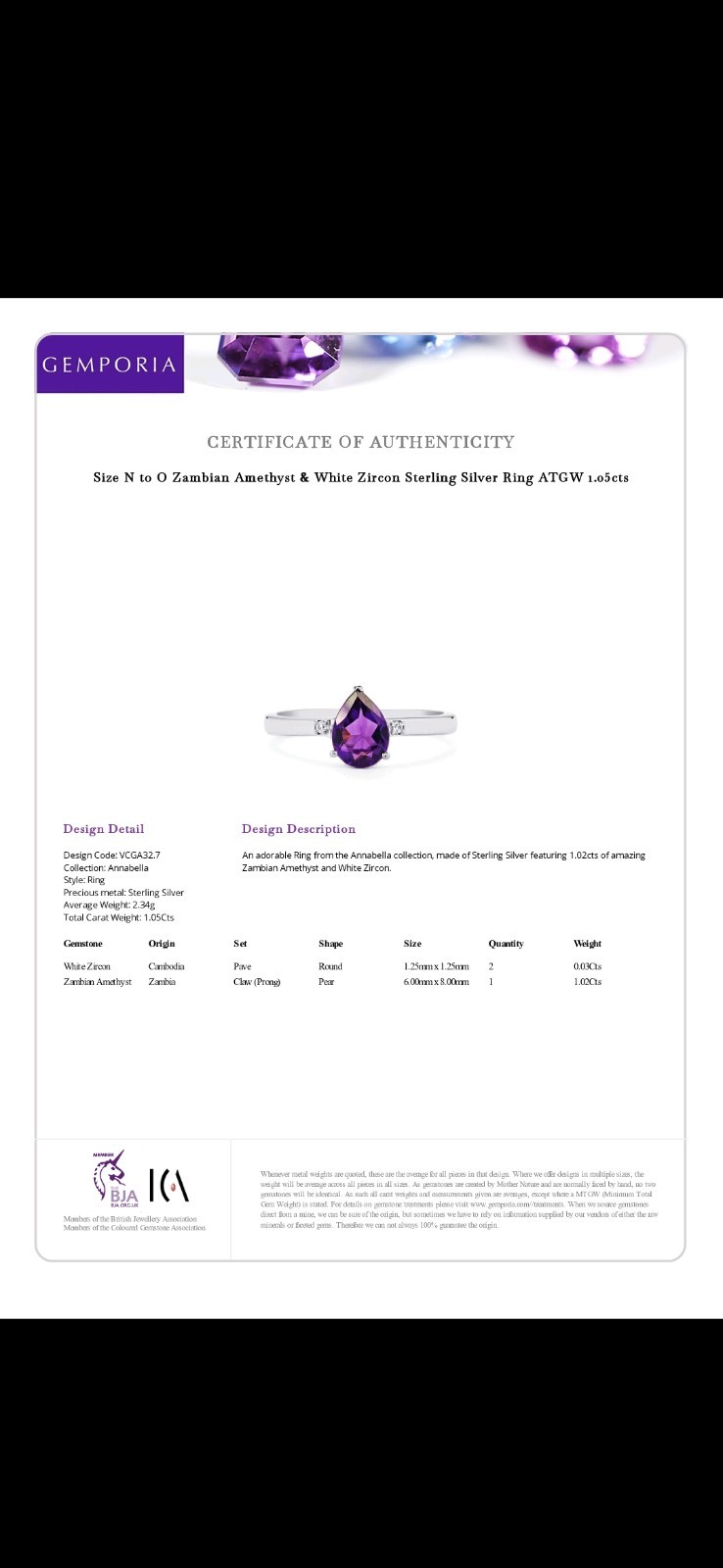 Zambian Amethyst Ring with White Zircon in Sterling Silver 1.05cts