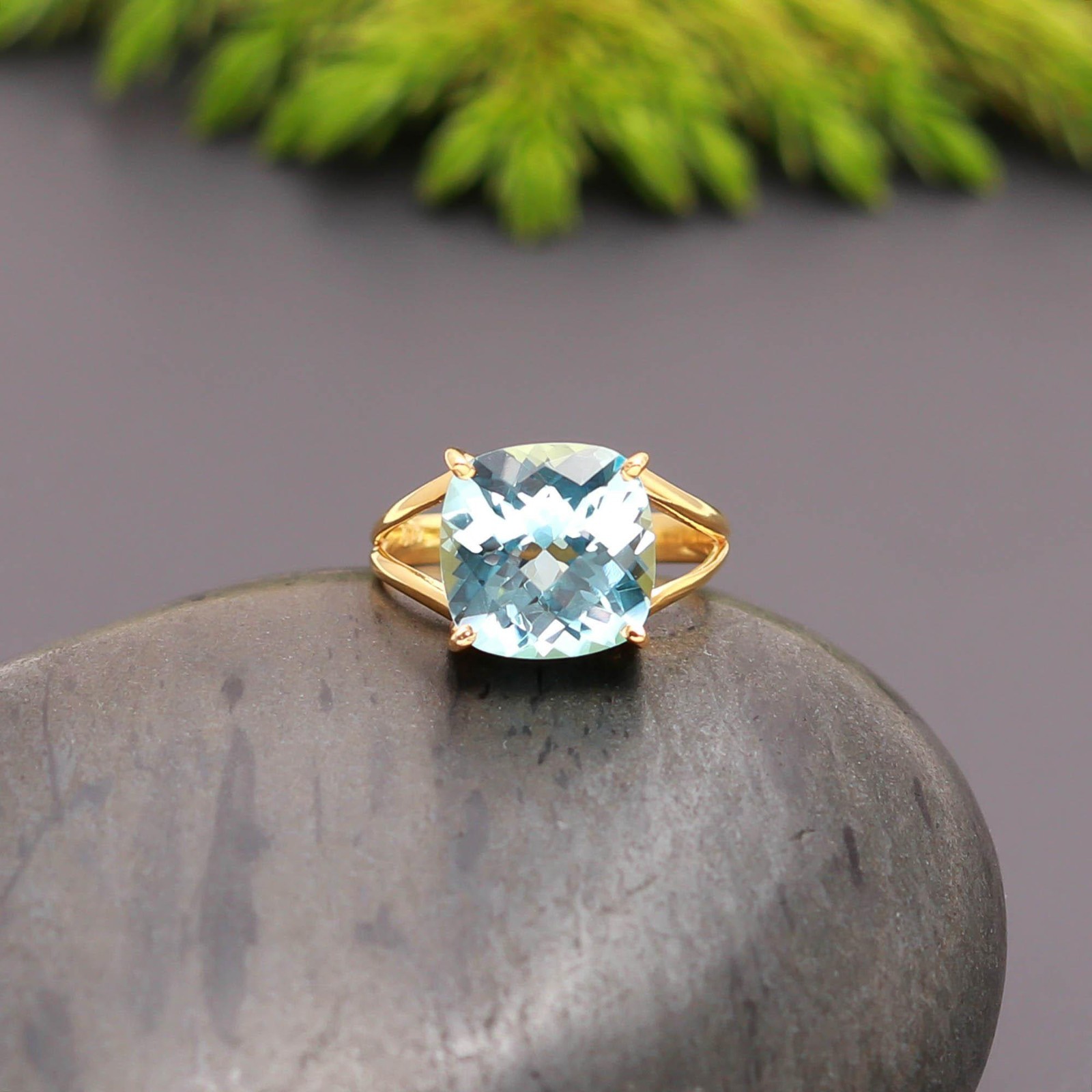 Natural Sky Blue Topaz Cushion Ring 925 Sterling Silver Gold Filled Jewelry