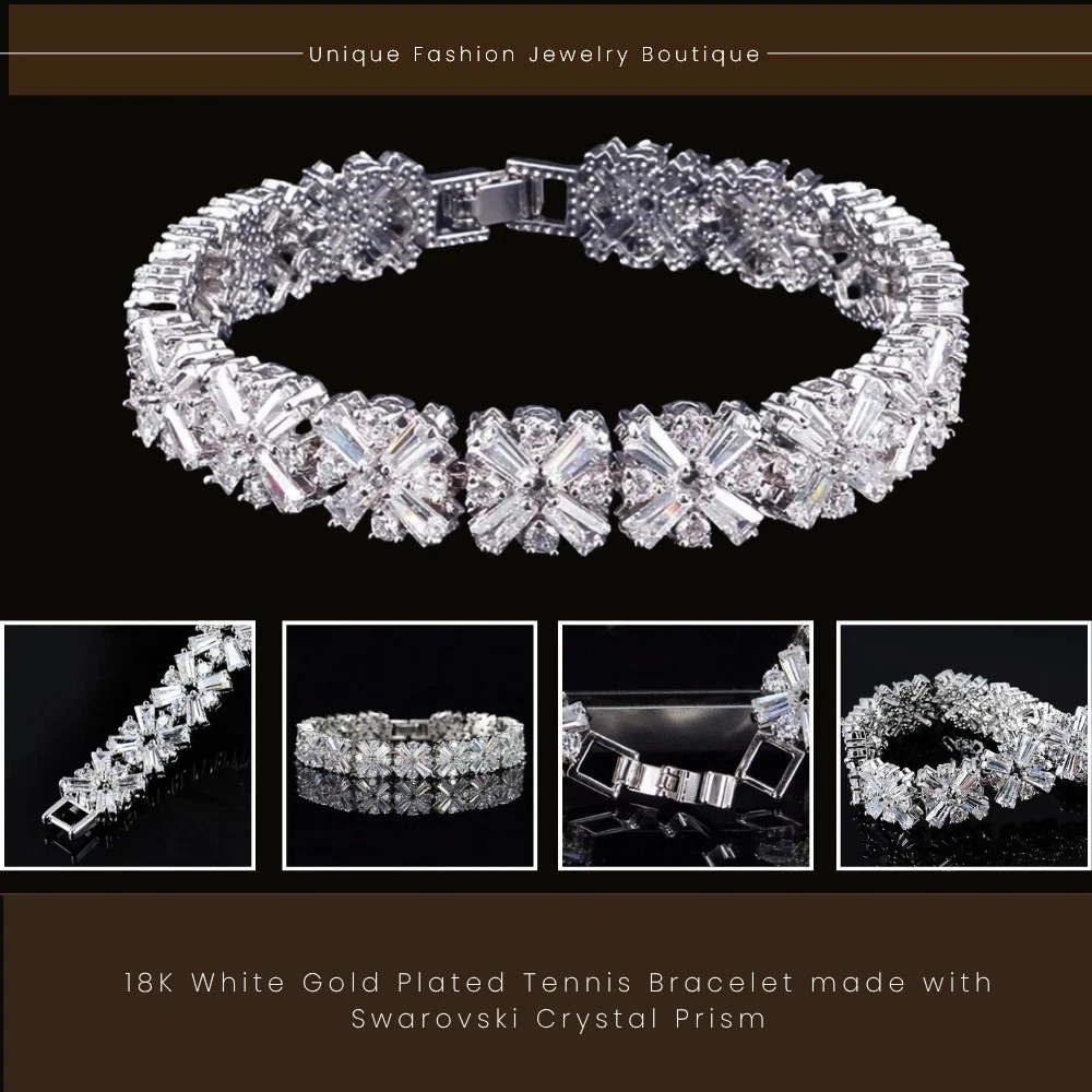 18K White Gold Plated Tennis Bracelet Simulated Diamond Prism Bridal Gift